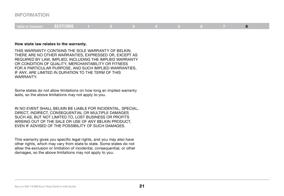 Belkin F1DN104F, F1DN104E user manual How state law relates to the warranty 