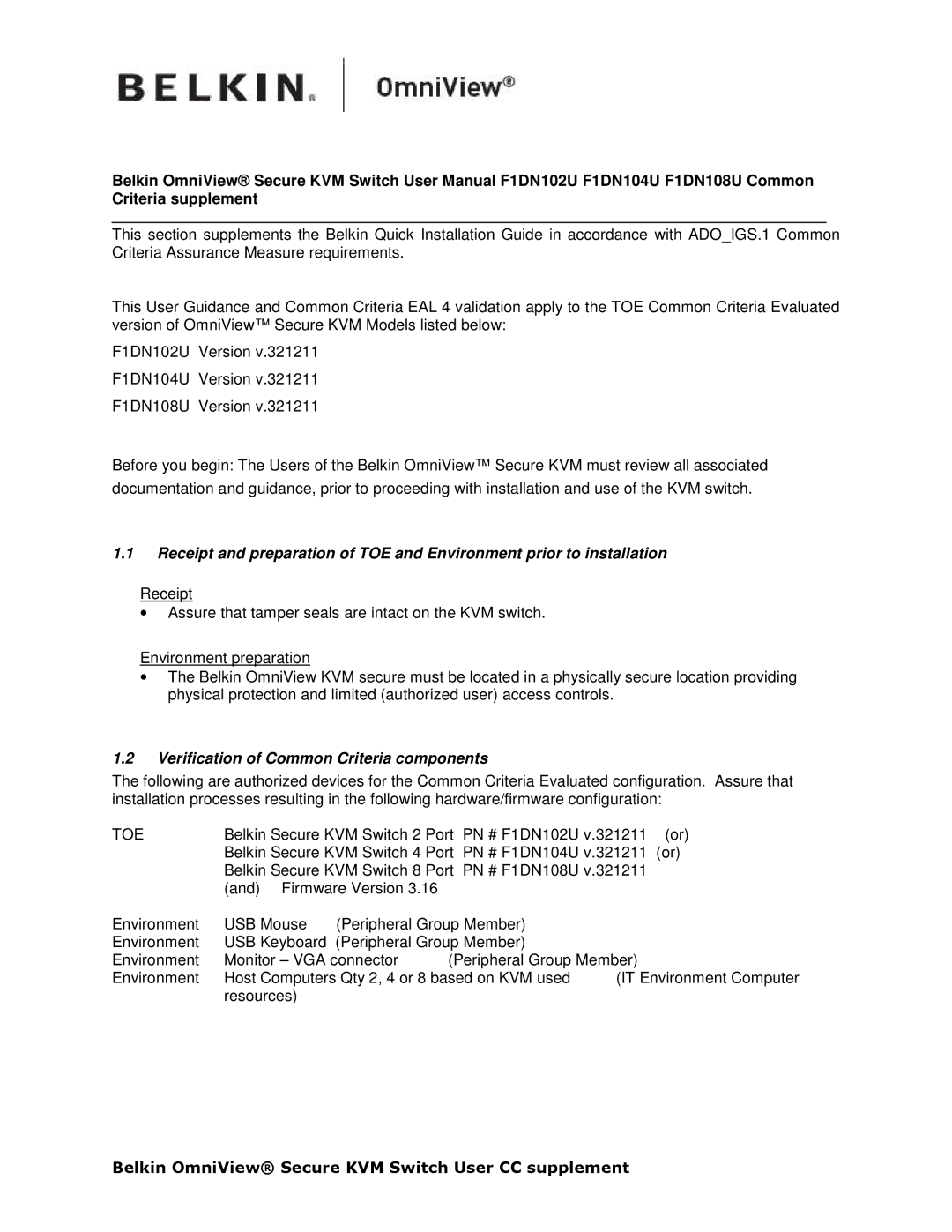 Belkin F1DN104U, F1DN108U, F1DN102U user manual Verification of Common Criteria components, Toe 