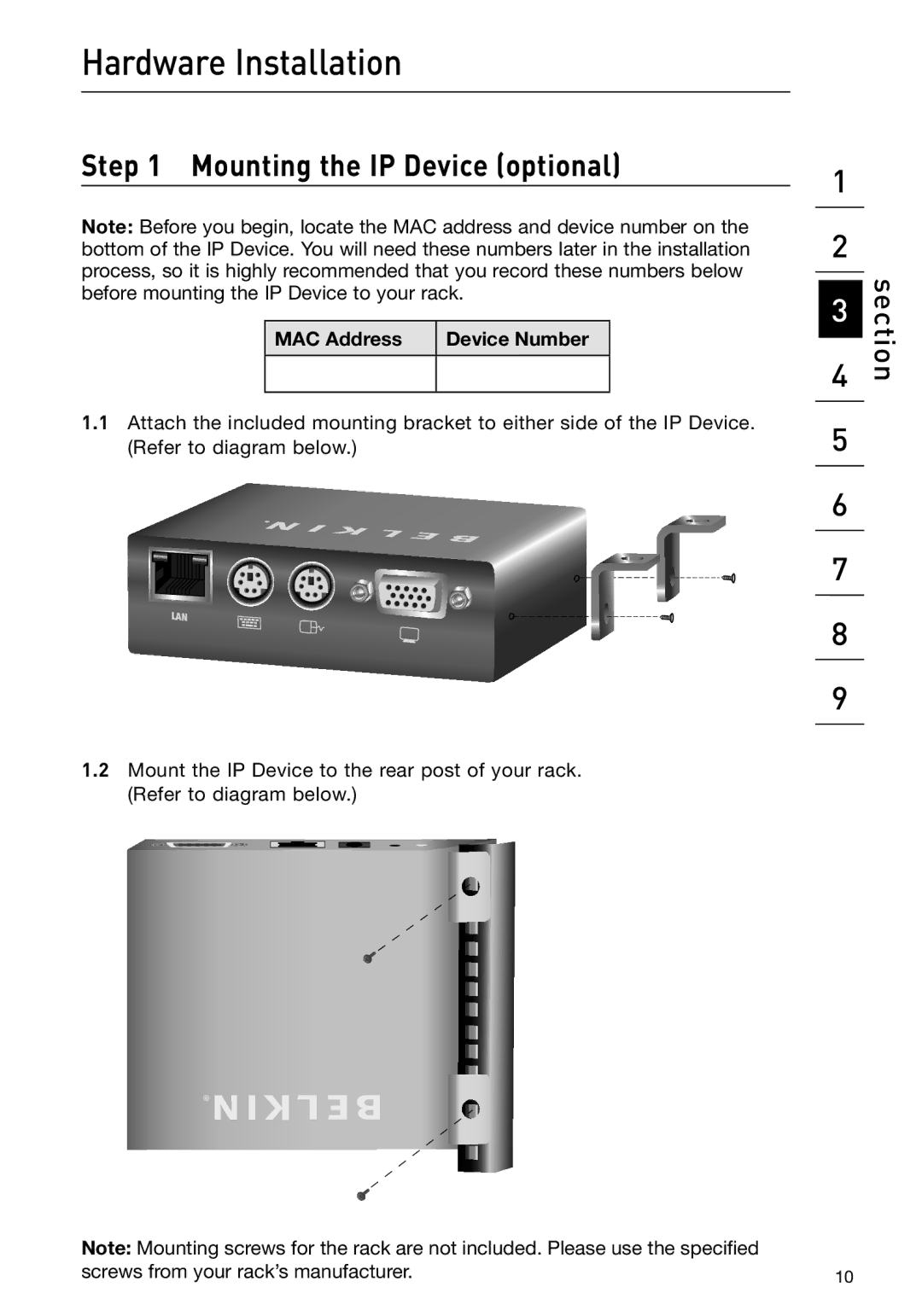 Belkin F1DP101M user manual Mounting the IP Device optional, MAC Address Device Number 