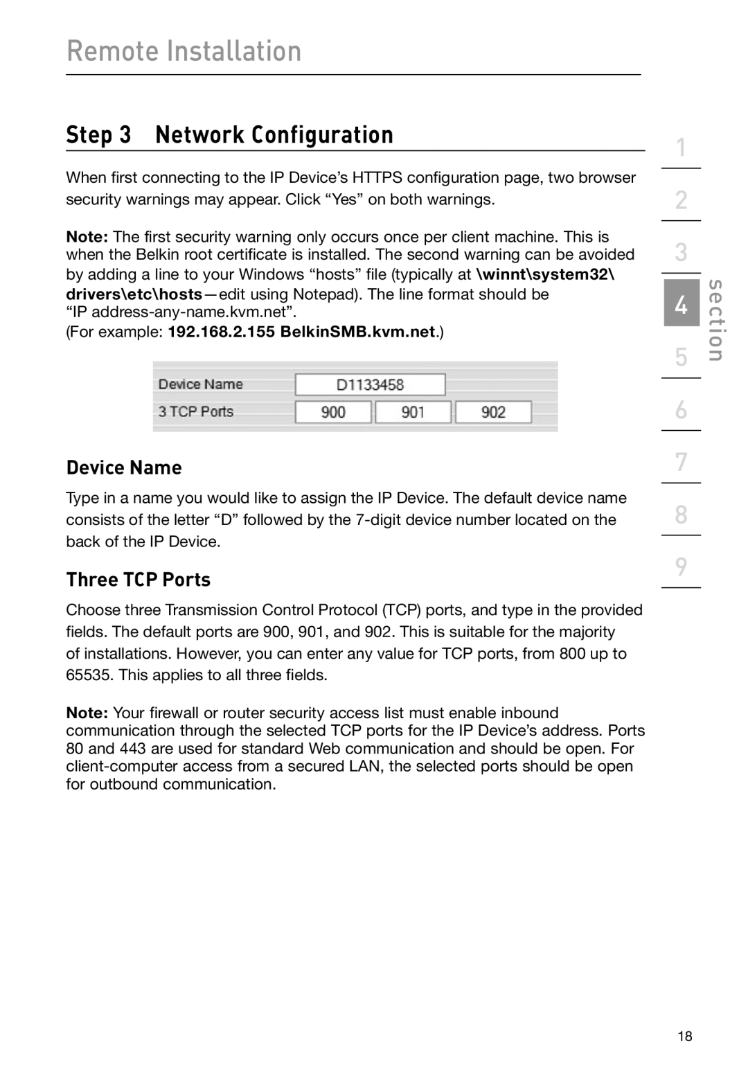 Belkin F1DP101M user manual Network Configuration, Device Name, Three TCP Ports 