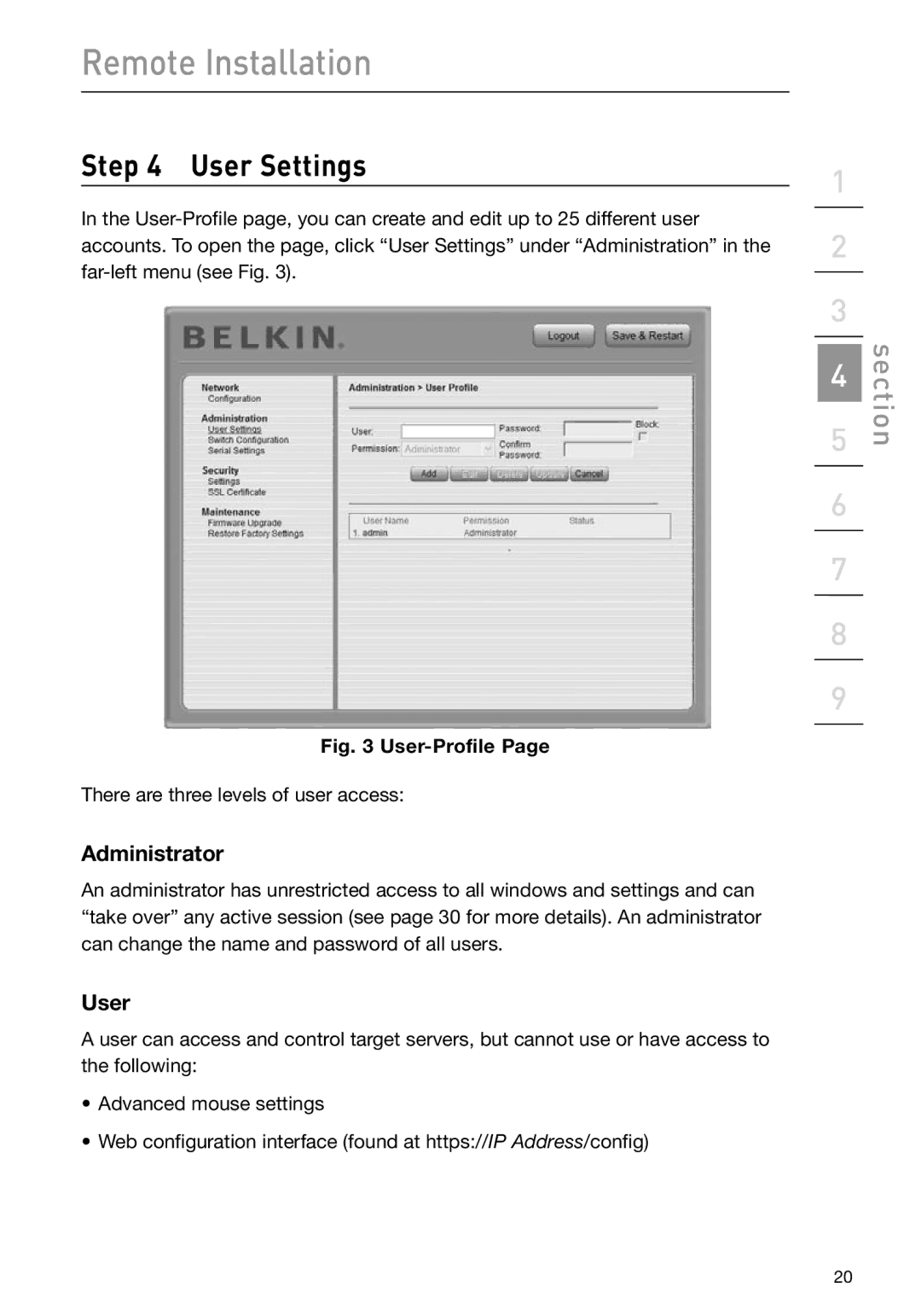 Belkin F1DP101M user manual User Settings, Administrator 