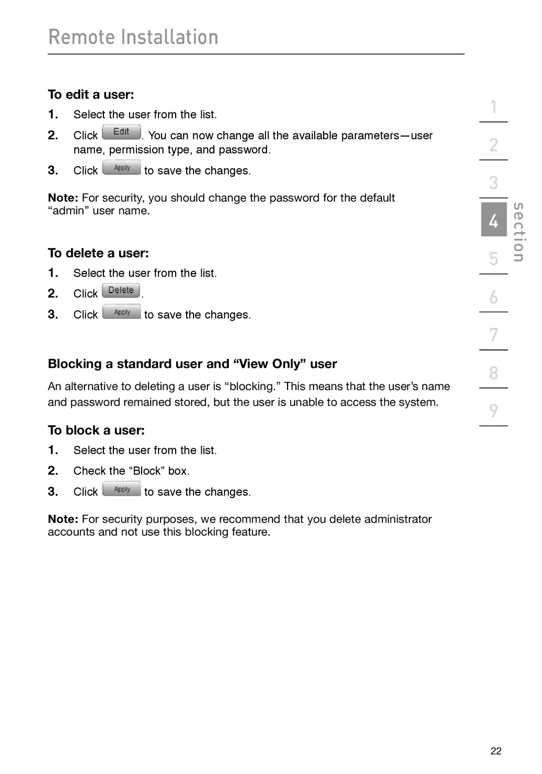 Belkin F1DP101M user manual To edit a user, To delete a user, Blocking a standard user and View Only user, To block a user 