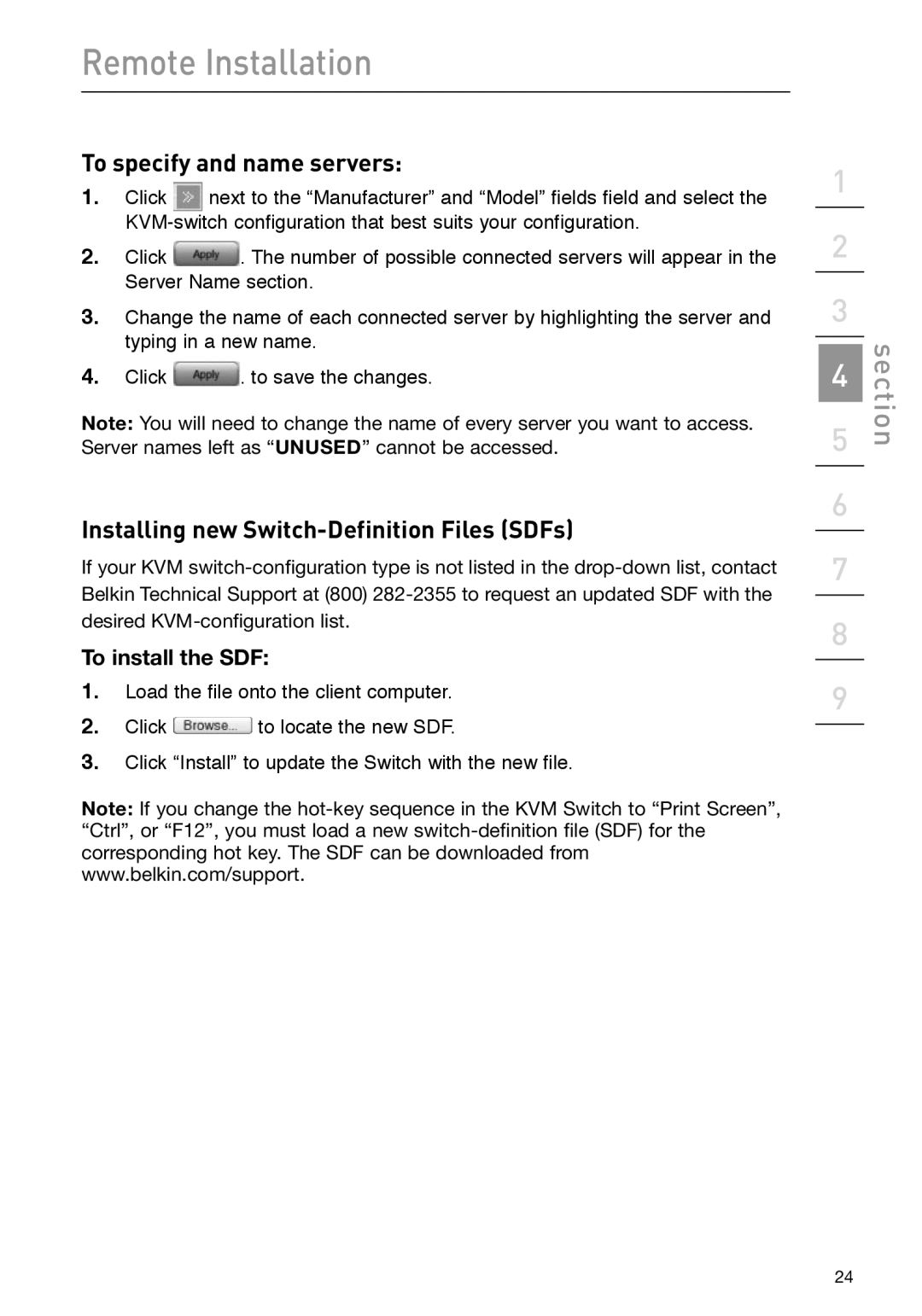 Belkin F1DP101M user manual To specify and name servers, Installing new Switch-Definition Files SDFs, To install the SDF 