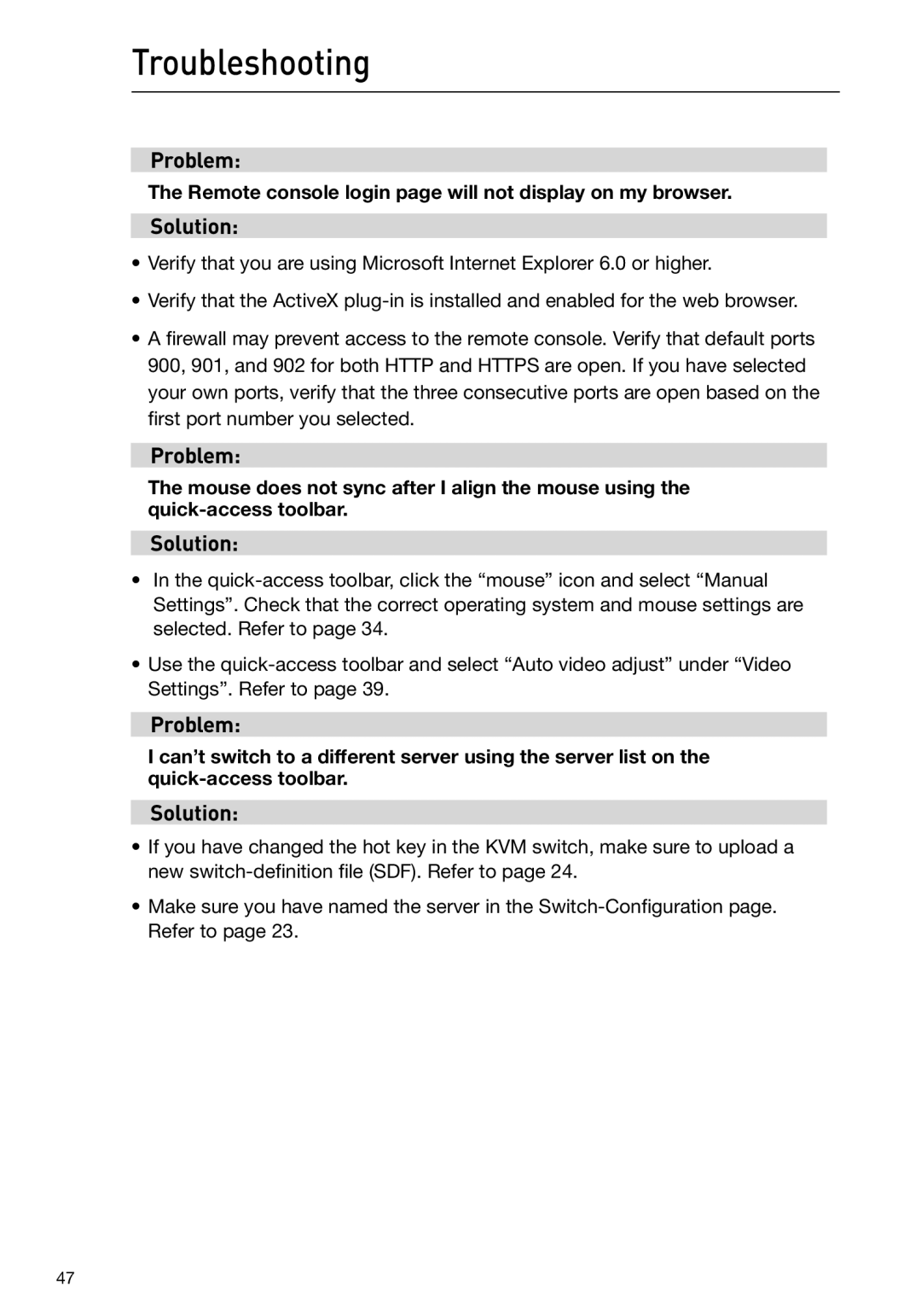 Belkin F1DP101M user manual Troubleshooting, Problem, Solution 