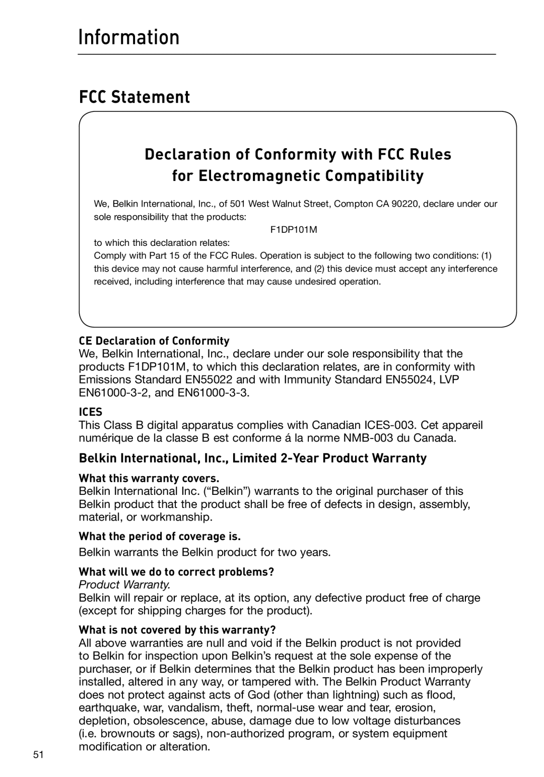 Belkin F1DP101M user manual Information, FCC Statement, Belkin International, Inc., Limited 2-Year Product Warranty 