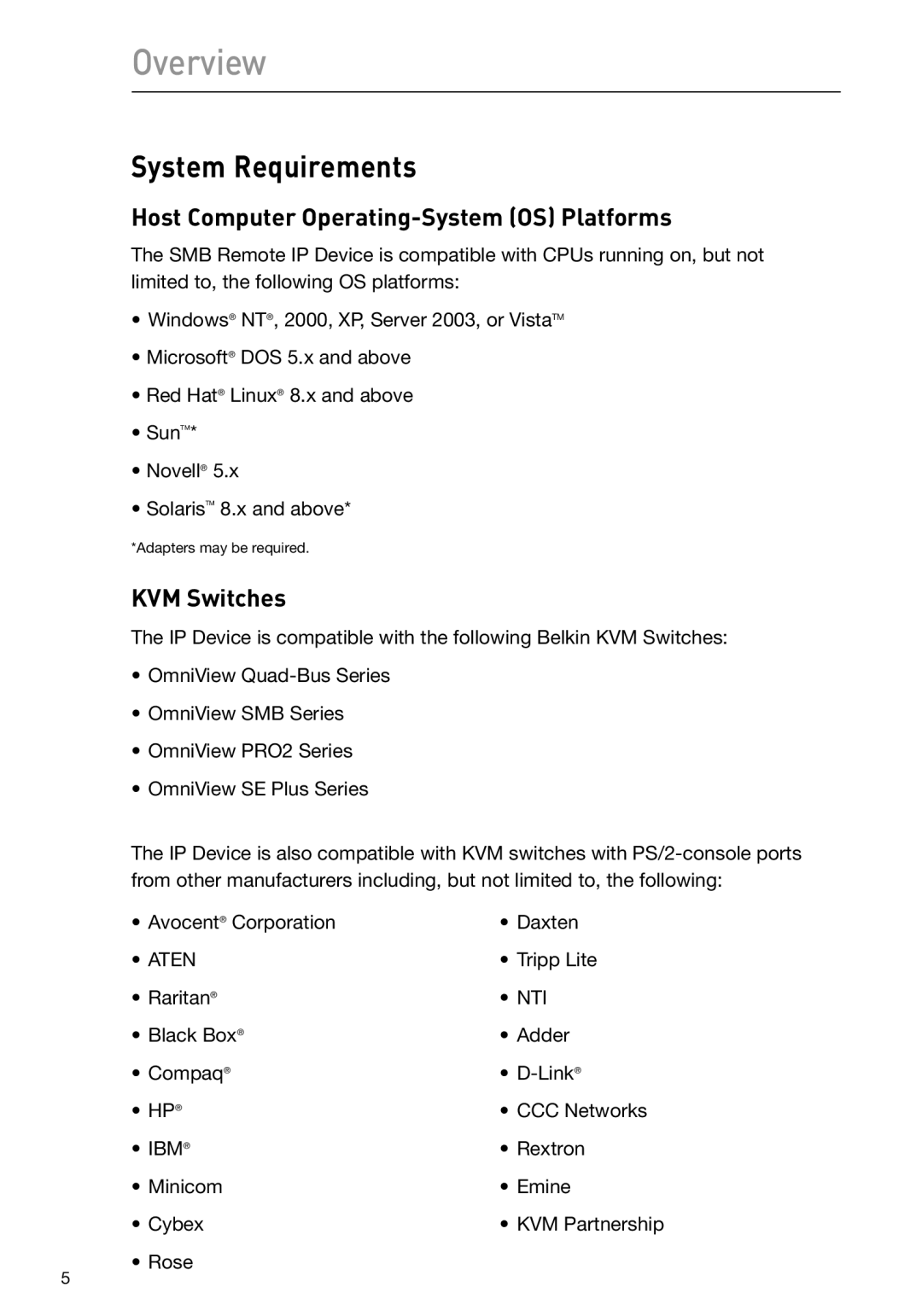 Belkin F1DP101M user manual System Requirements, Host Computer Operating-System OS Platforms, KVM Switches 