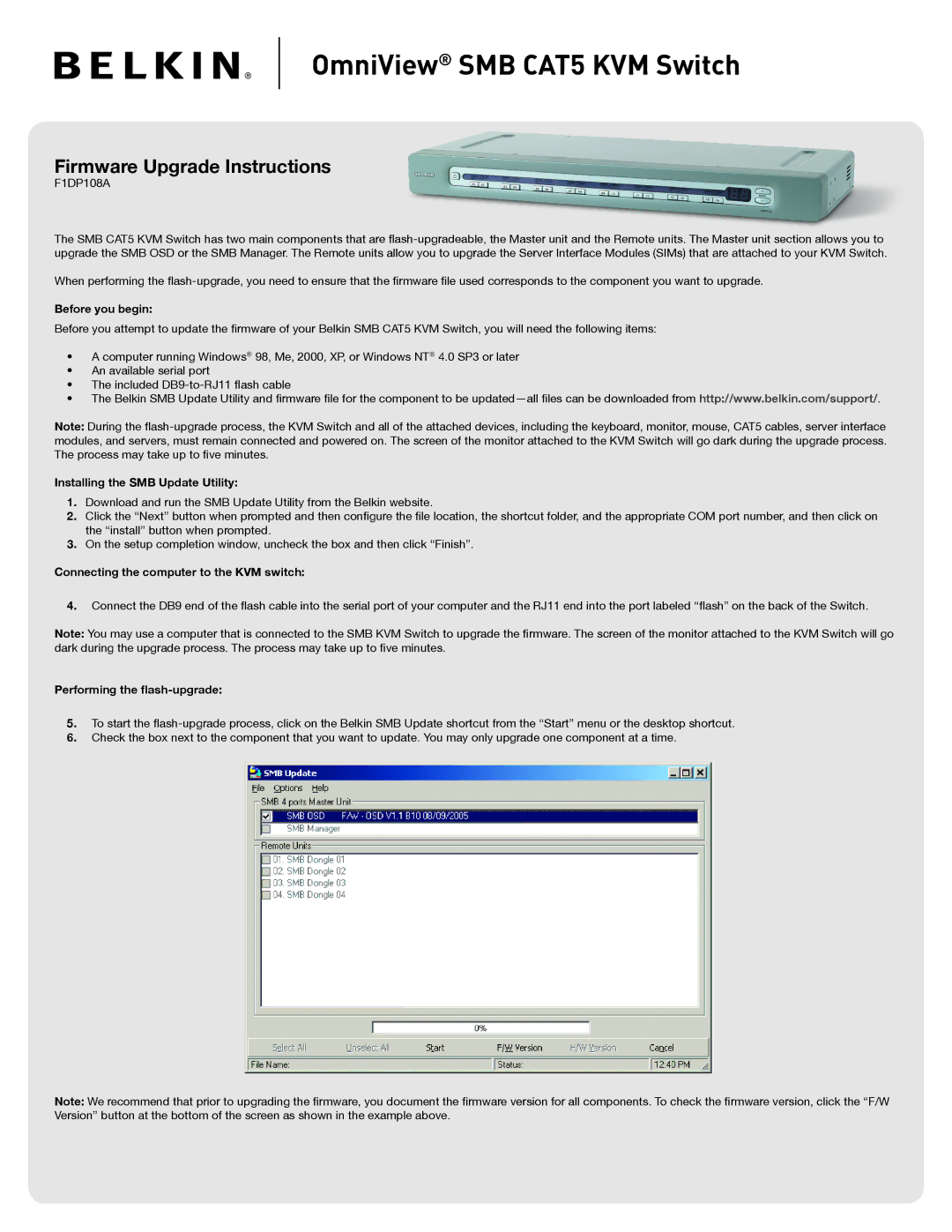 Belkin F1DP108A manual SMB CAT5 KVM Switch, Firmware Upgrade Instructions 