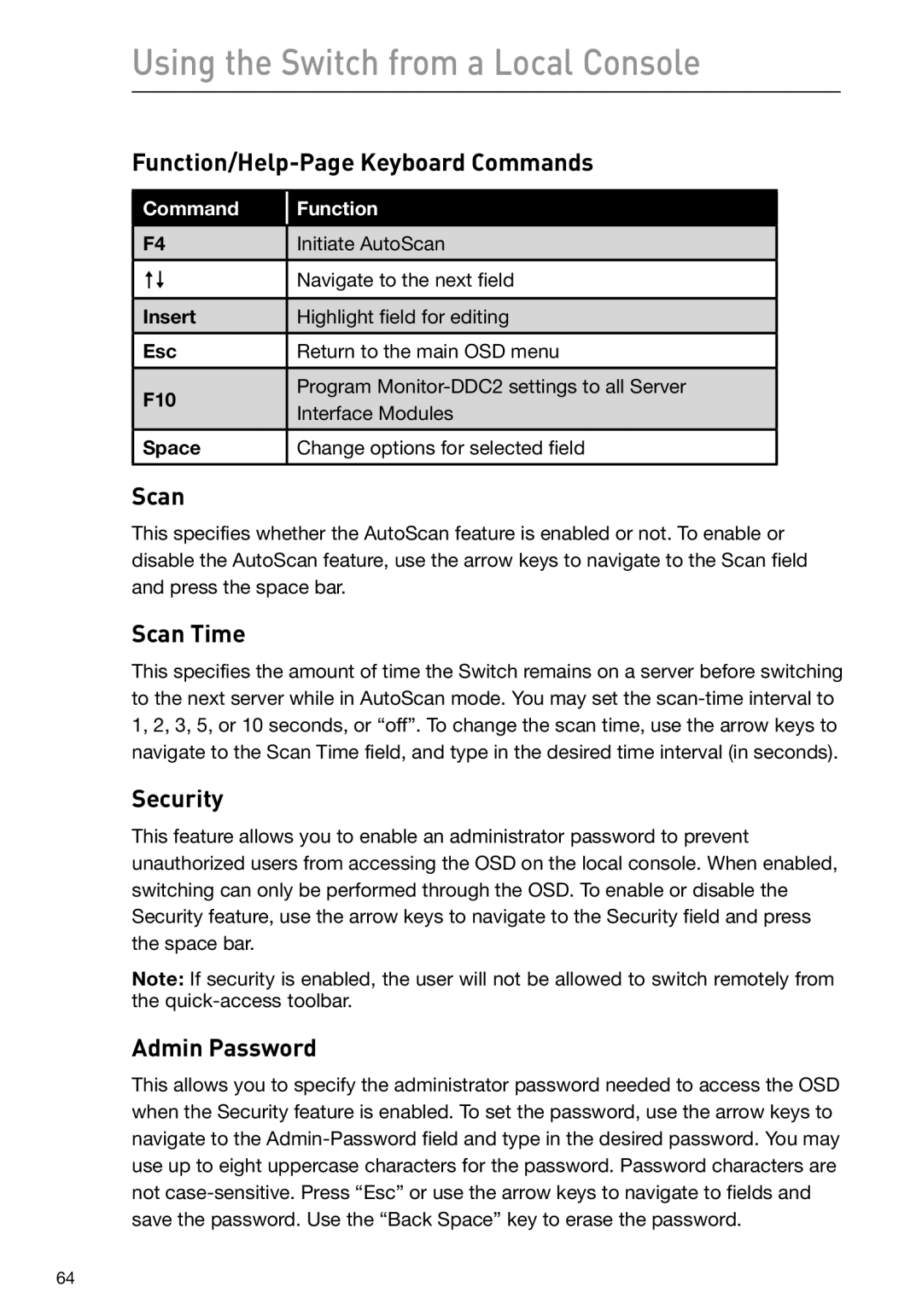 Belkin F1DP108G, F1DP116G user manual Function/Help-Page Keyboard Commands, Scan Time, Security, Admin Password 