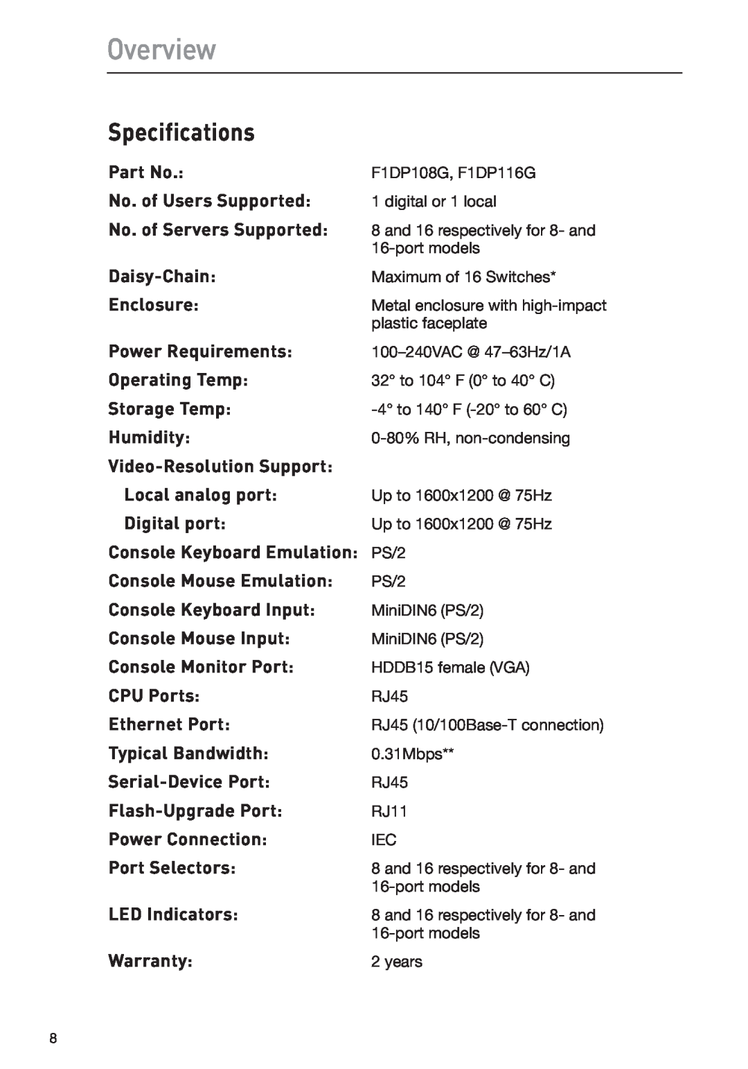 Belkin F1DP108G user manual Specifications, Overview 