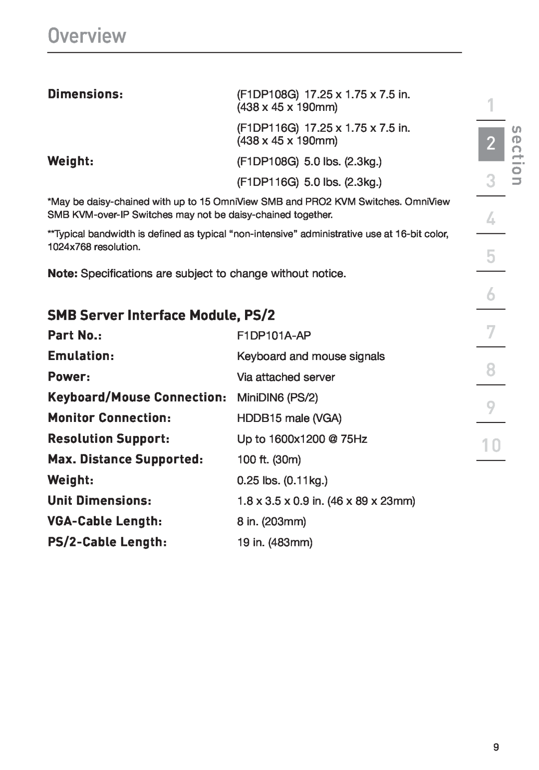 Belkin F1DP108G user manual SMB Server Interface Module, PS/2, Overview, section, 1.8 x 3.5 x 0.9 in. 46 x 89 x 23mm 
