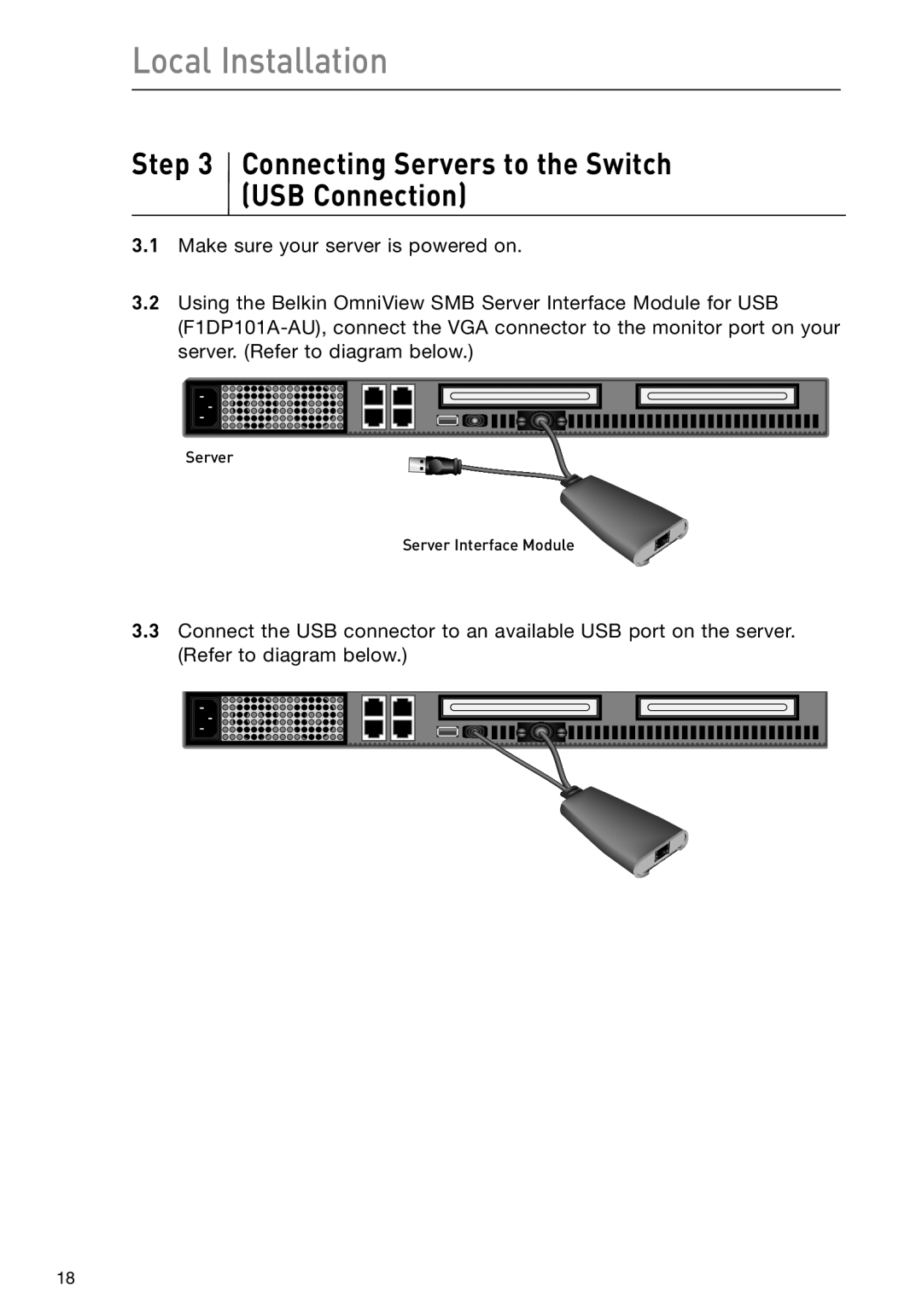 Belkin F1DP108G user manual Connecting Servers to the Switch USB Connection, Local Installation 