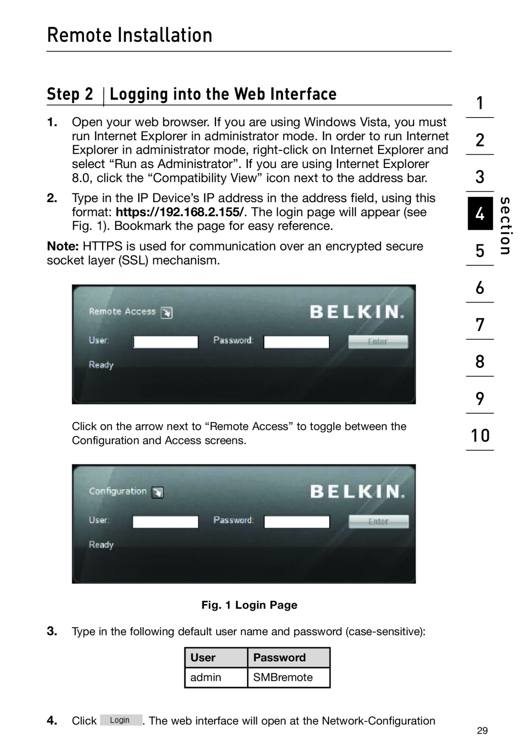 Belkin F1DP108G user manual Logging into the Web Interface, Remote Installation, section, Login Page, User, Password 