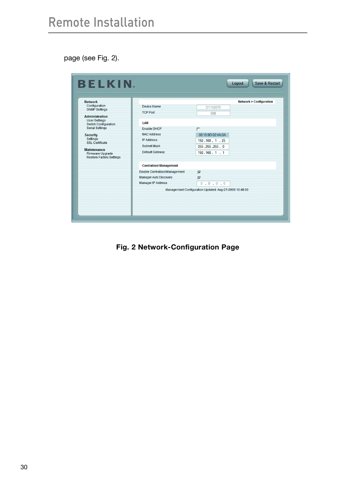 Belkin F1DP108G user manual Remote Installation, Network-Configuration Page 