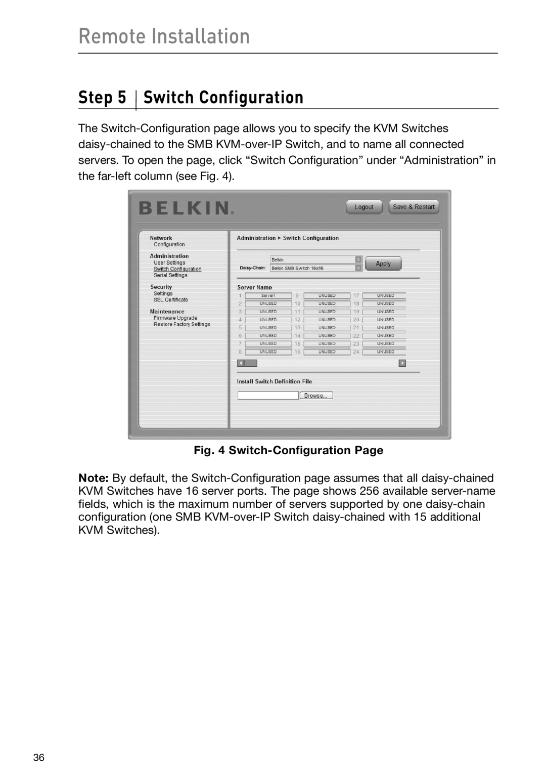 Belkin F1DP108G user manual Switch Configuration, Remote Installation, Switch-Configuration Page 