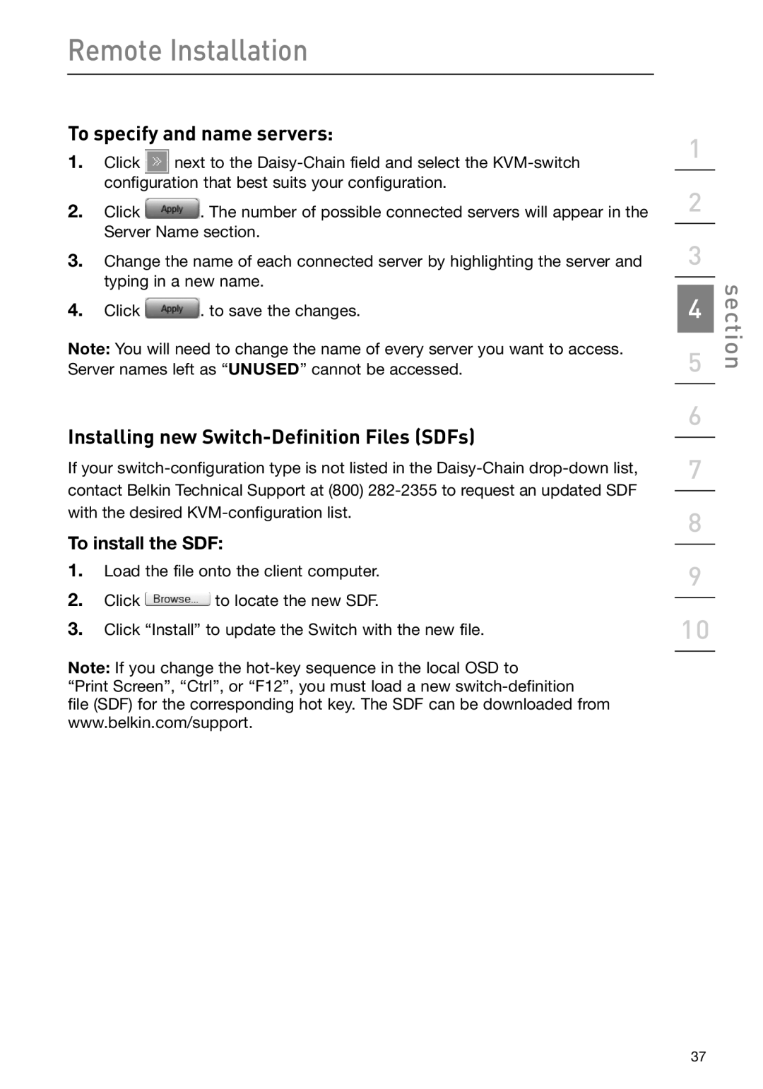 Belkin F1DP108G To specify and name servers, Installing new Switch-Definition Files SDFs, Remote Installation, section 