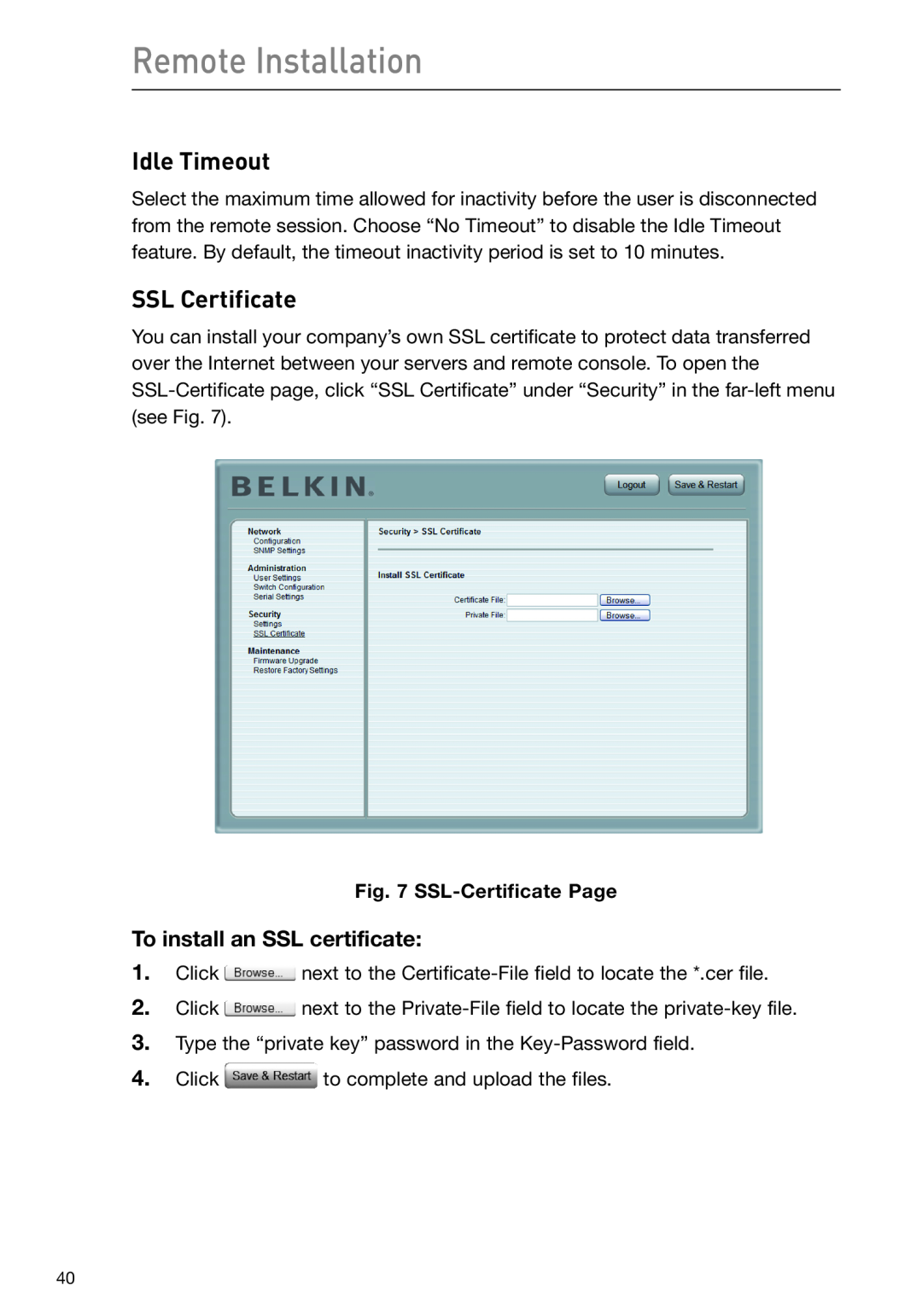 Belkin F1DP108G Idle Timeout, SSL Certificate, Remote Installation, To install an SSL certificate, SSL-Certificate Page 