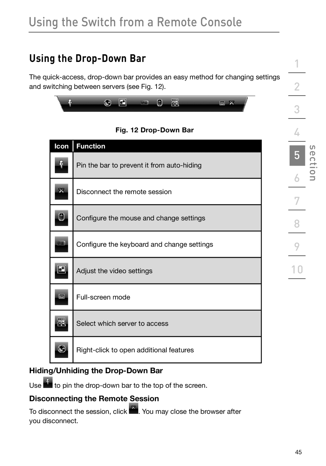 Belkin F1DP108G user manual Using the Drop-Down Bar, Using the Switch from a Remote Console, section, Icon Function 