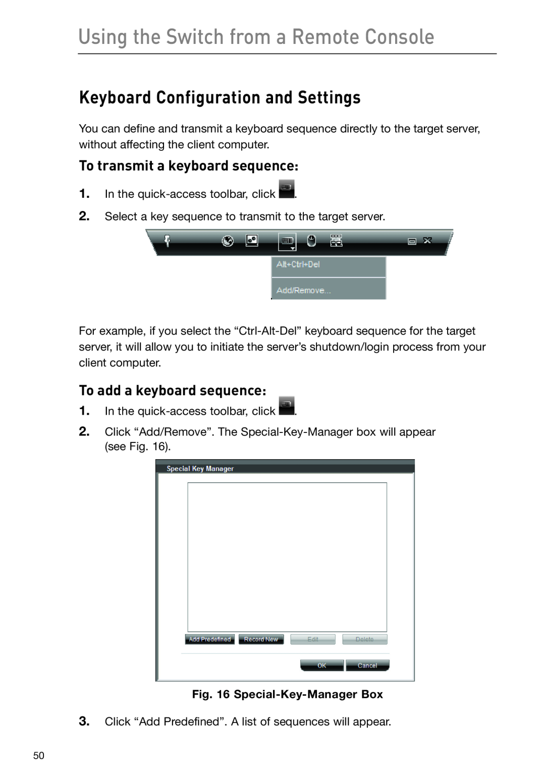 Belkin F1DP108G Keyboard Configuration and Settings, To transmit a keyboard sequence, To add a keyboard sequence 