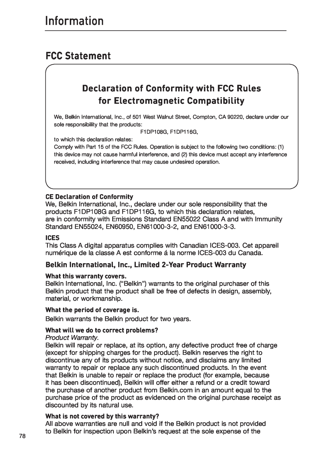 Belkin F1DP108G Information, FCC Statement, Declaration of Conformity with FCC Rules, for Electromagnetic Compatibility 