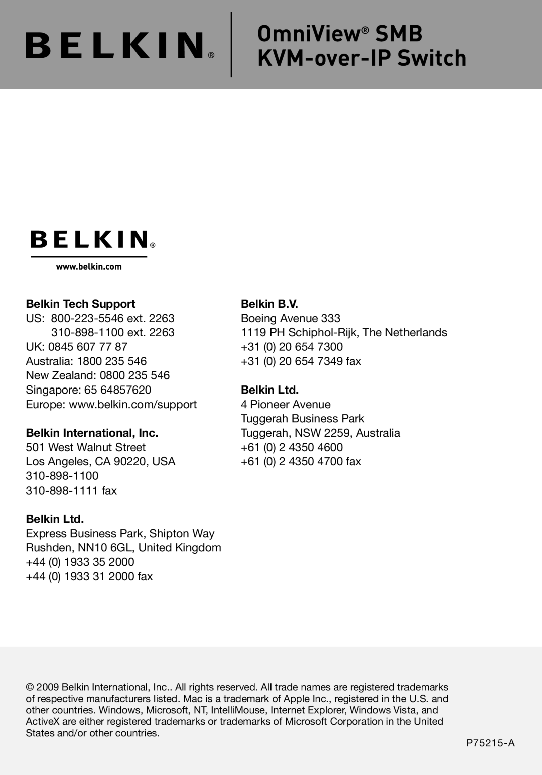 Belkin F1DP108G user manual OmniView SMB KVM-over-IP Switch, Belkin Tech Support, Belkin B.V, Belkin International, Inc 