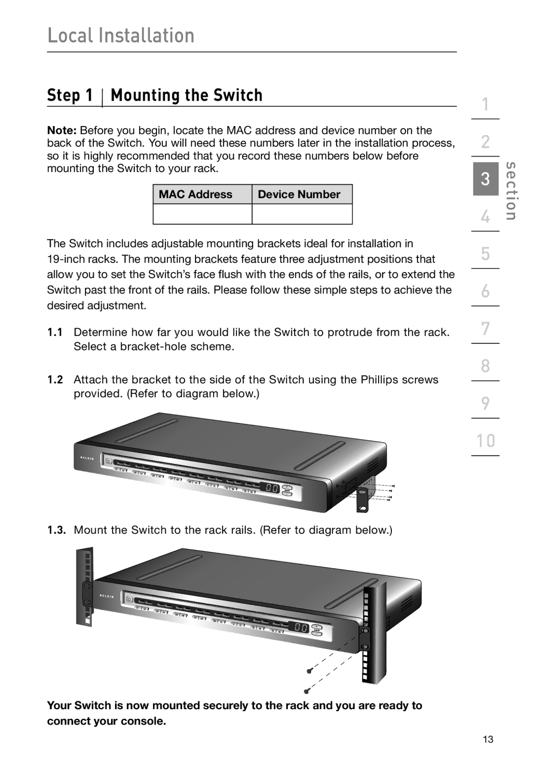 Belkin F1DP108G user manual Mounting the Switch, MAC Address Device Number 