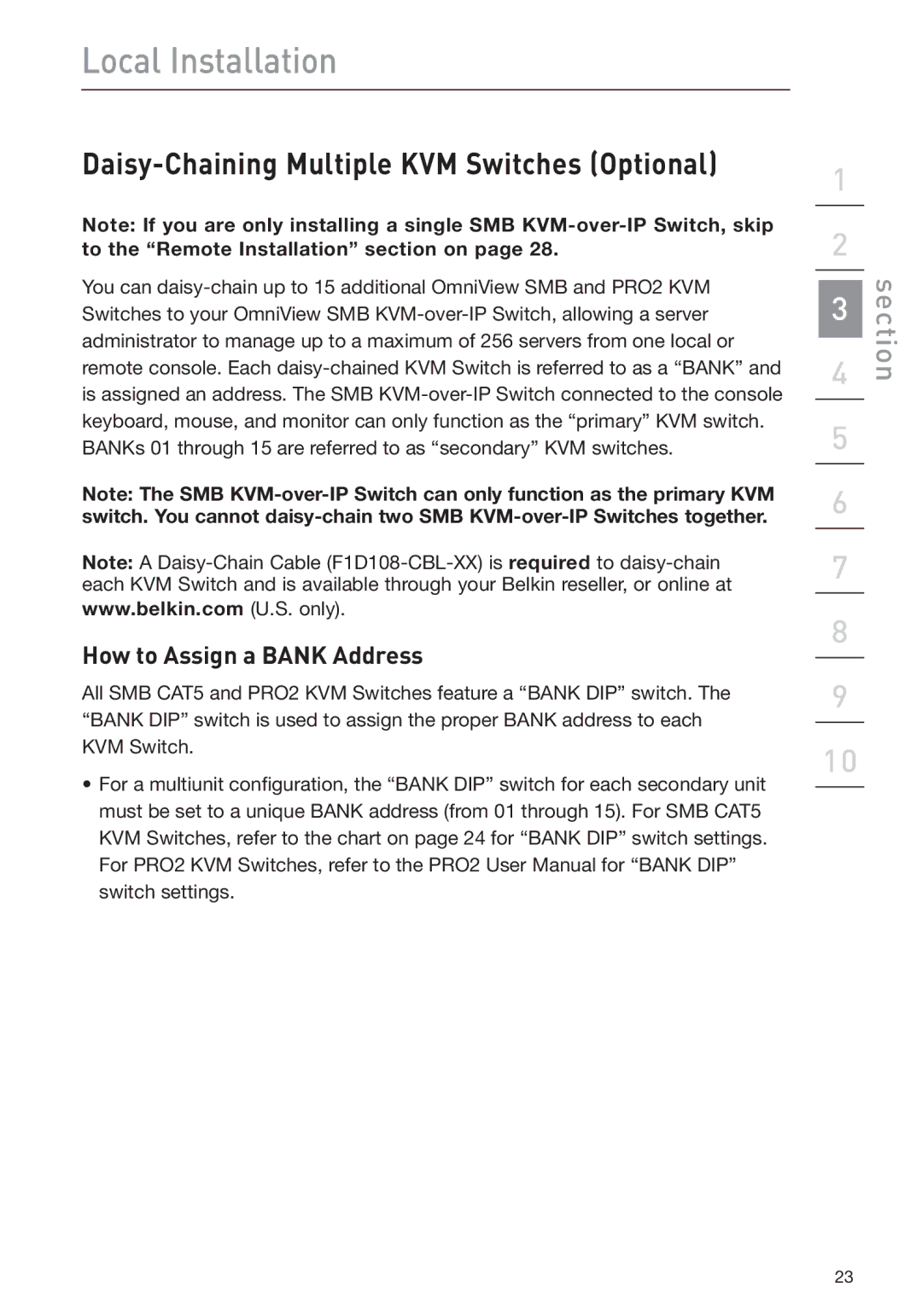 Belkin F1DP108G user manual Daisy-Chaining Multiple KVM Switches Optional, How to Assign a Bank Address 