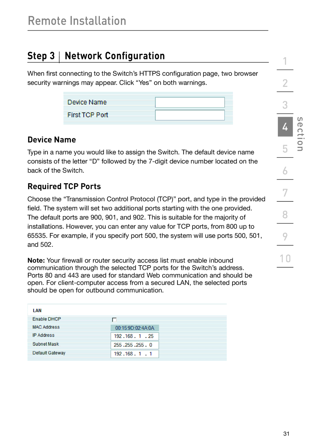 Belkin F1DP108G user manual Network Configuration, Device Name, Required TCP Ports 