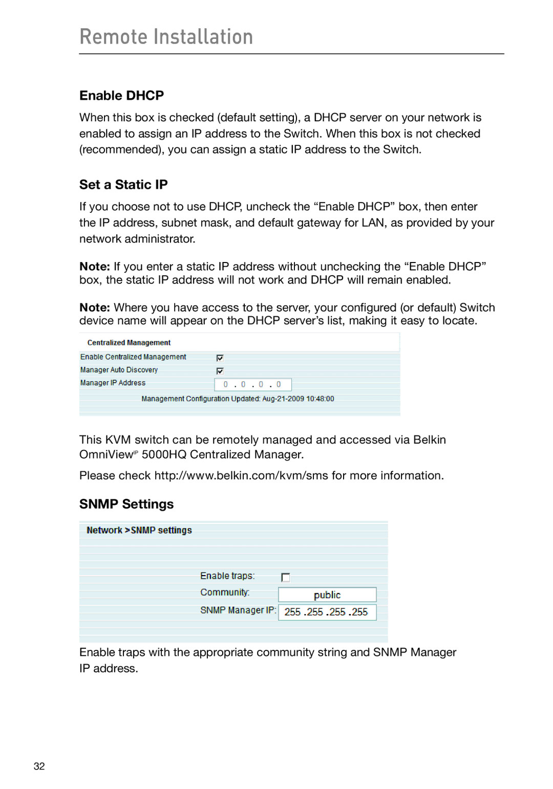 Belkin F1DP108G user manual Enable Dhcp, Set a Static IP, Snmp Settings 