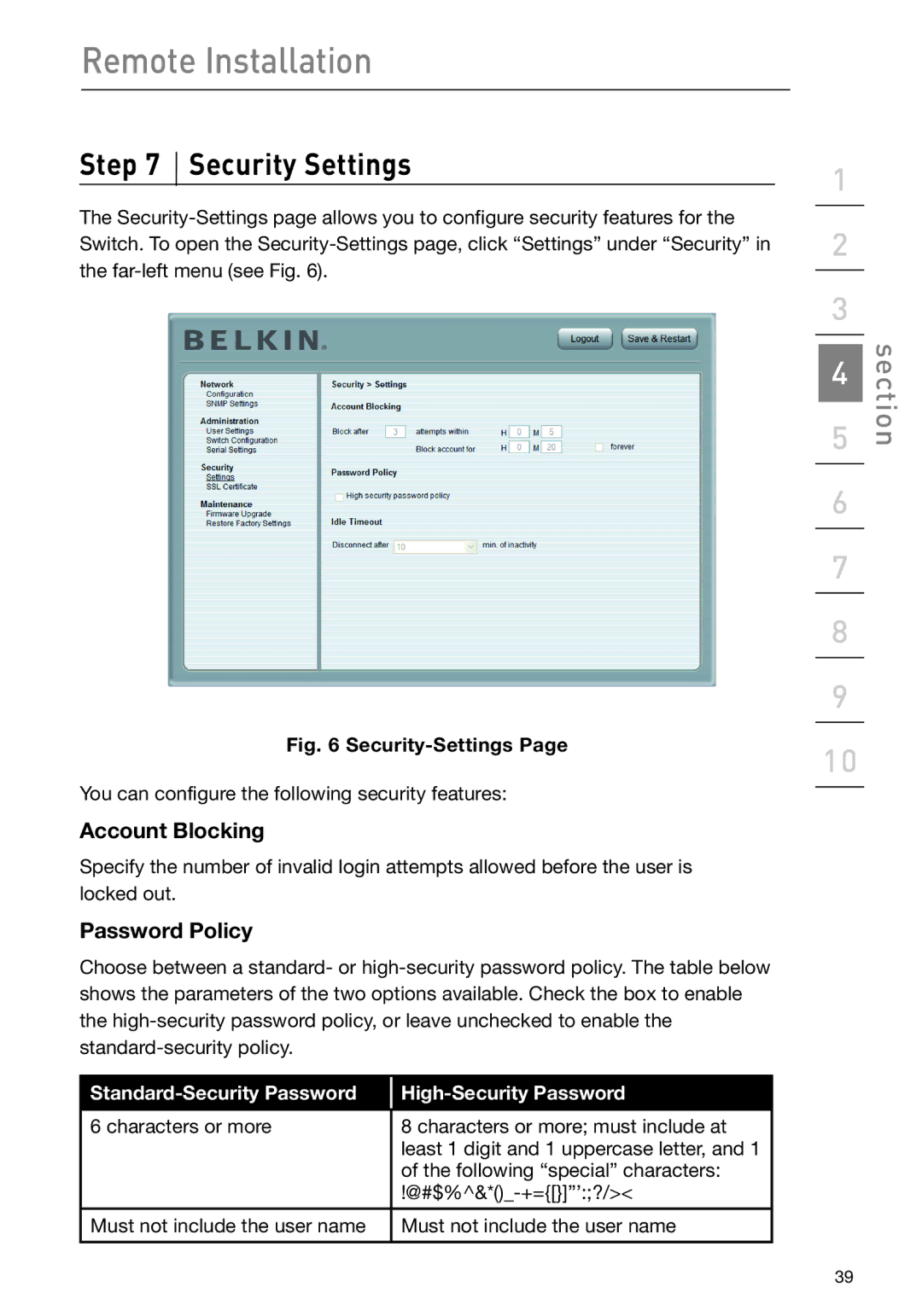 Belkin F1DP108G user manual Security Settings, Account Blocking, Password Policy 