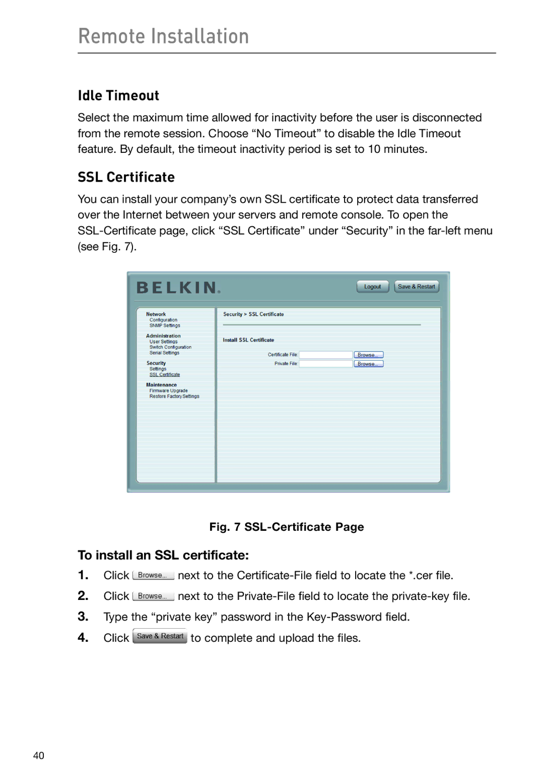 Belkin F1DP108G user manual Idle Timeout, SSL Certificate, To install an SSL certificate 