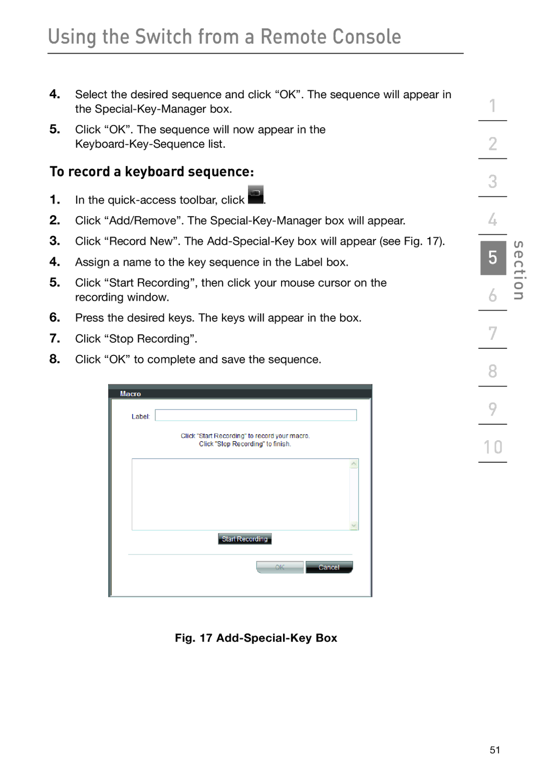 Belkin F1DP108G user manual To record a keyboard sequence, Add-Special-Key Box 