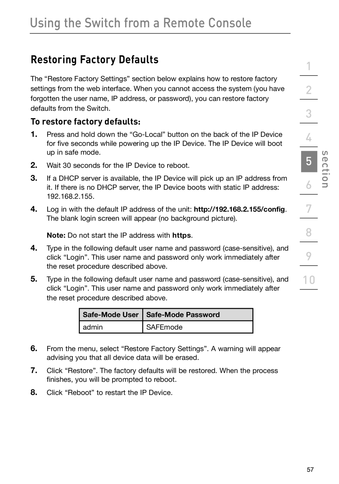 Belkin F1DP108G user manual Restoring Factory Defaults, To restore factory defaults 