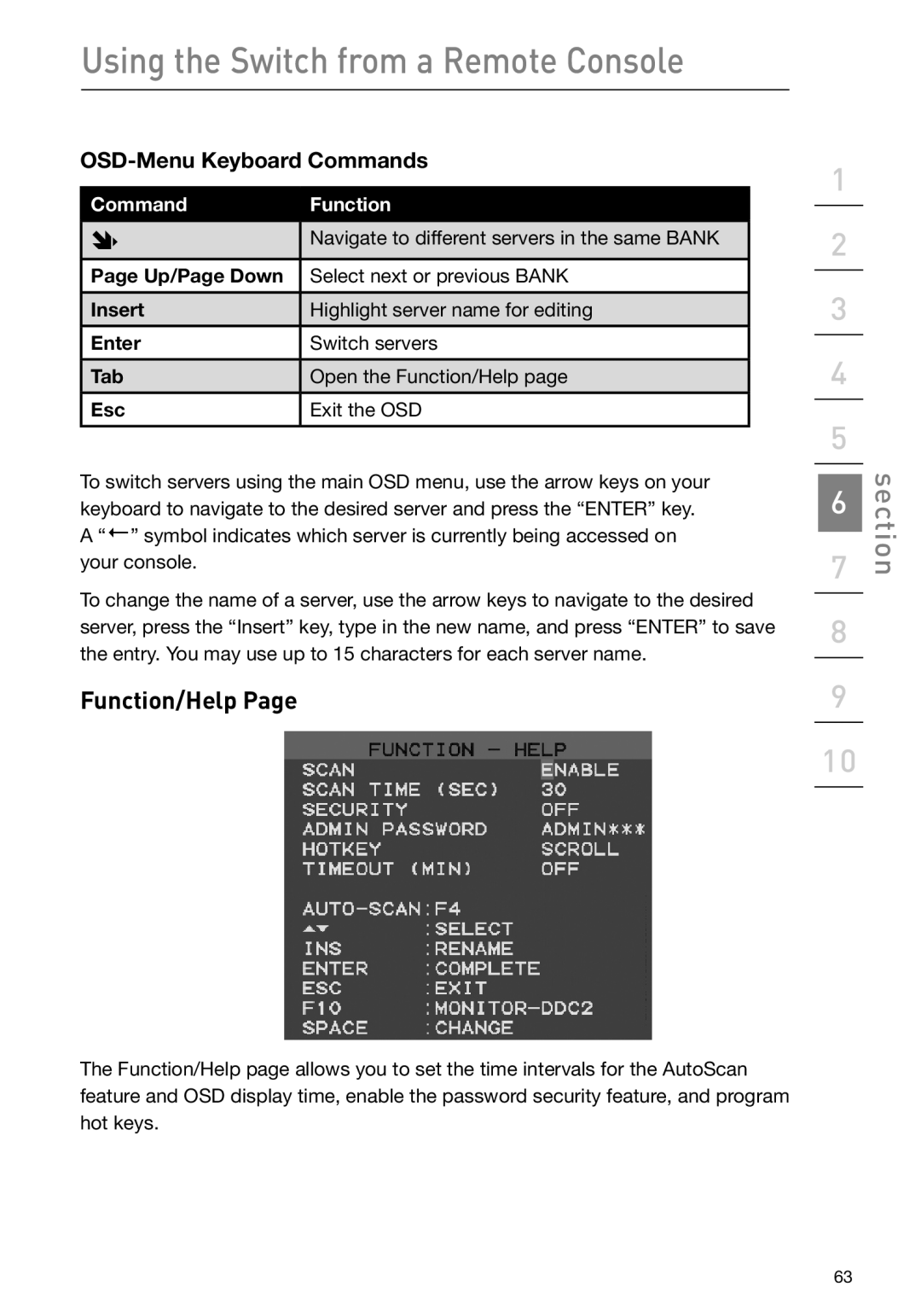 Belkin F1DP108G user manual Function/Help, OSD-Menu Keyboard Commands 