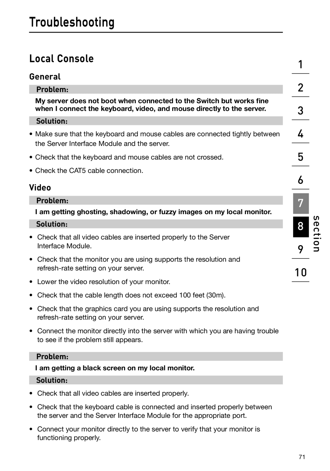 Belkin F1DP108G user manual Local Console, General, Video, Problem, Solution 