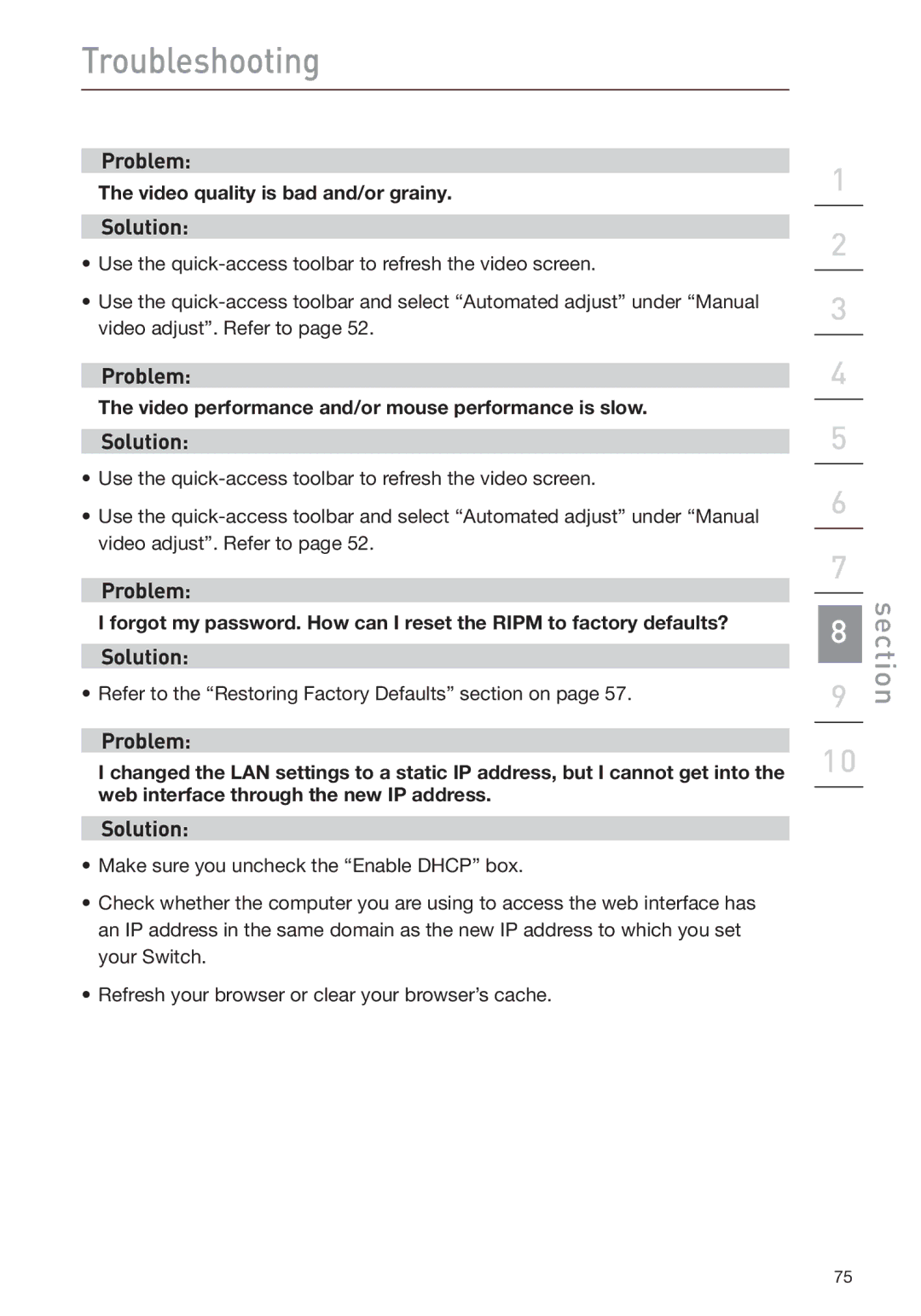 Belkin F1DP108G user manual Video quality is bad and/or grainy 