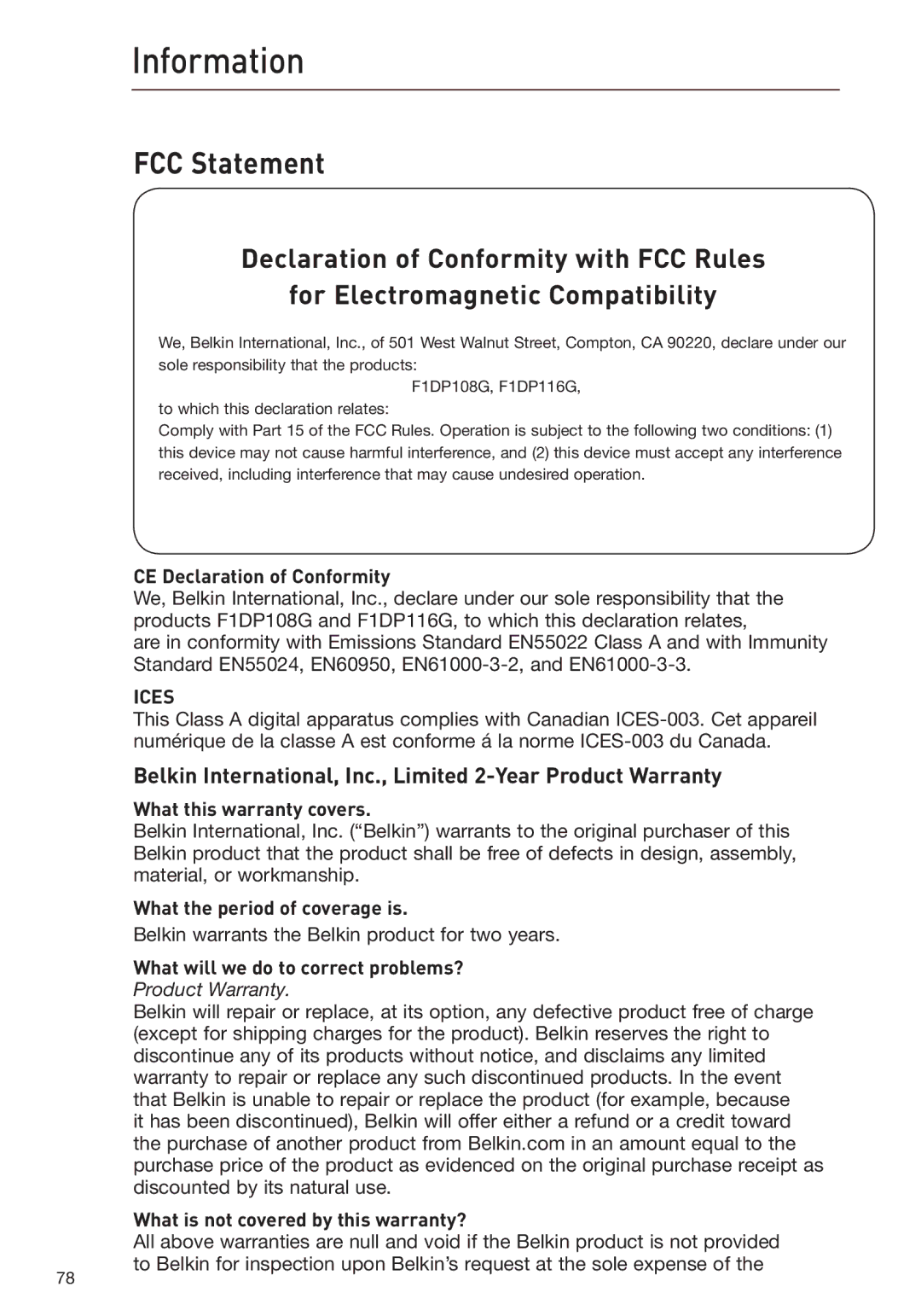 Belkin F1DP108G user manual Information, FCC Statement, Belkin International, Inc., Limited 2-Year Product Warranty 