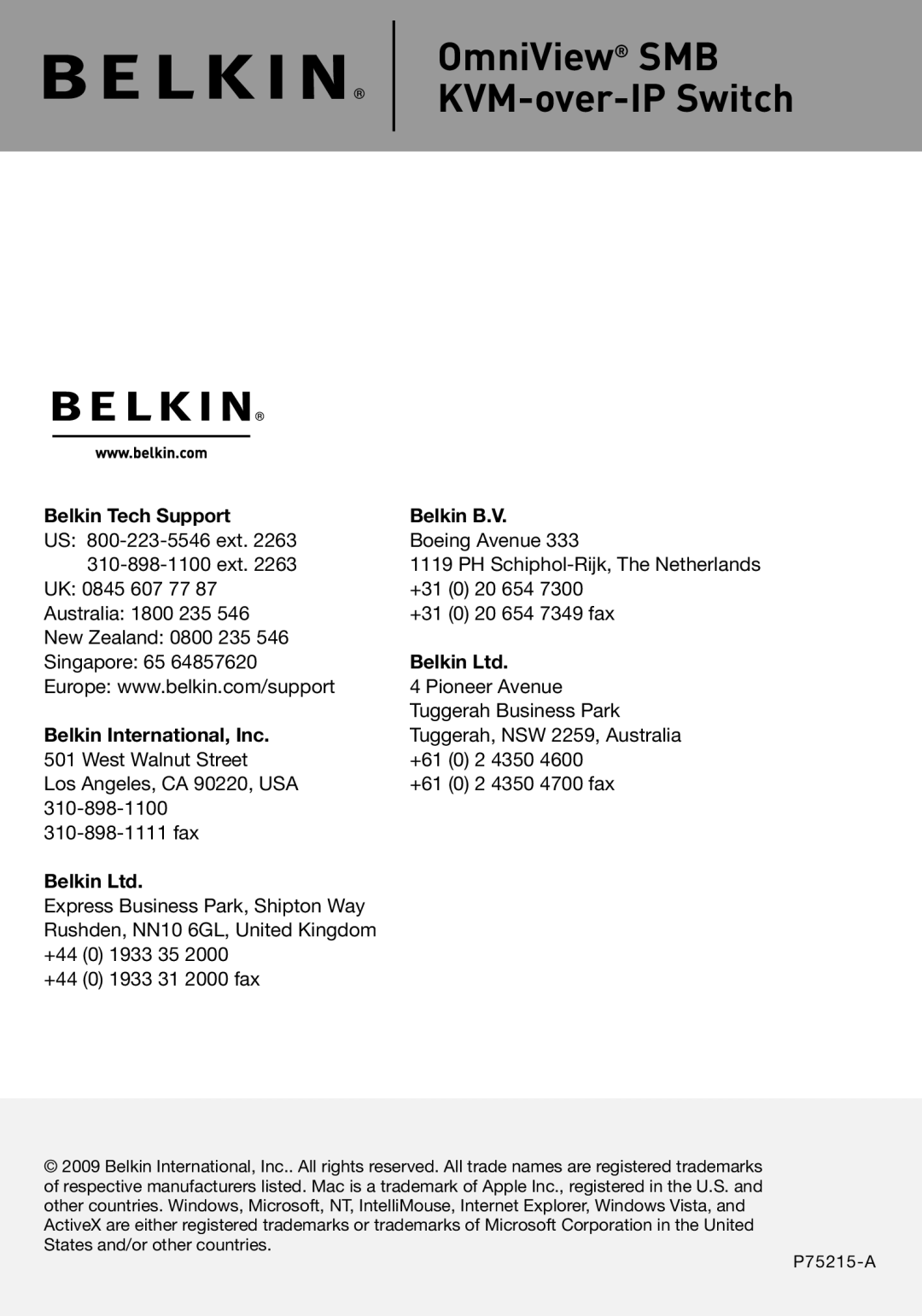 Belkin F1DP108G user manual Belkin Tech Support Belkin B.V 