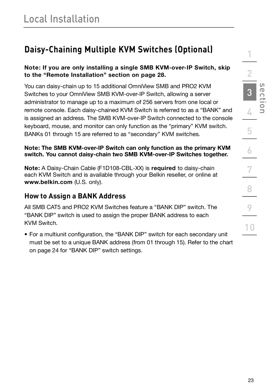 Belkin F1DP108Gea, F1DP116Gea user manual Daisy-Chaining Multiple KVM Switches Optional, How to Assign a Bank Address 