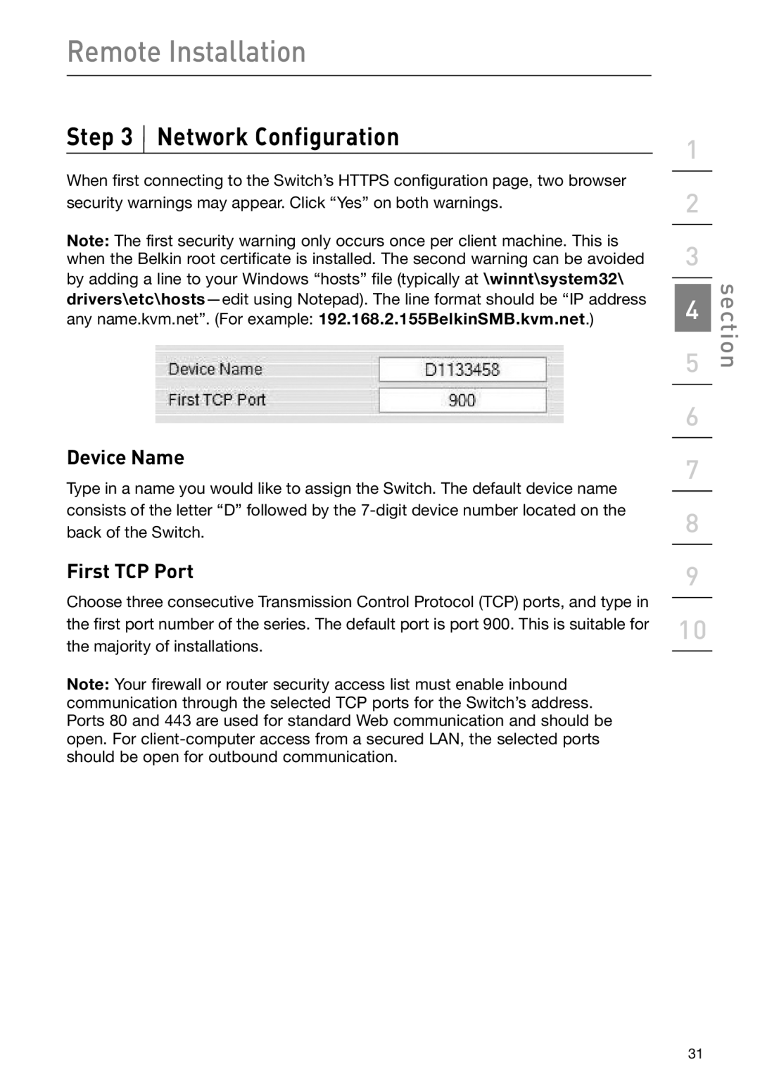 Belkin F1DP108Gea, F1DP116Gea user manual Network Configuration, Device Name, First TCP Port 