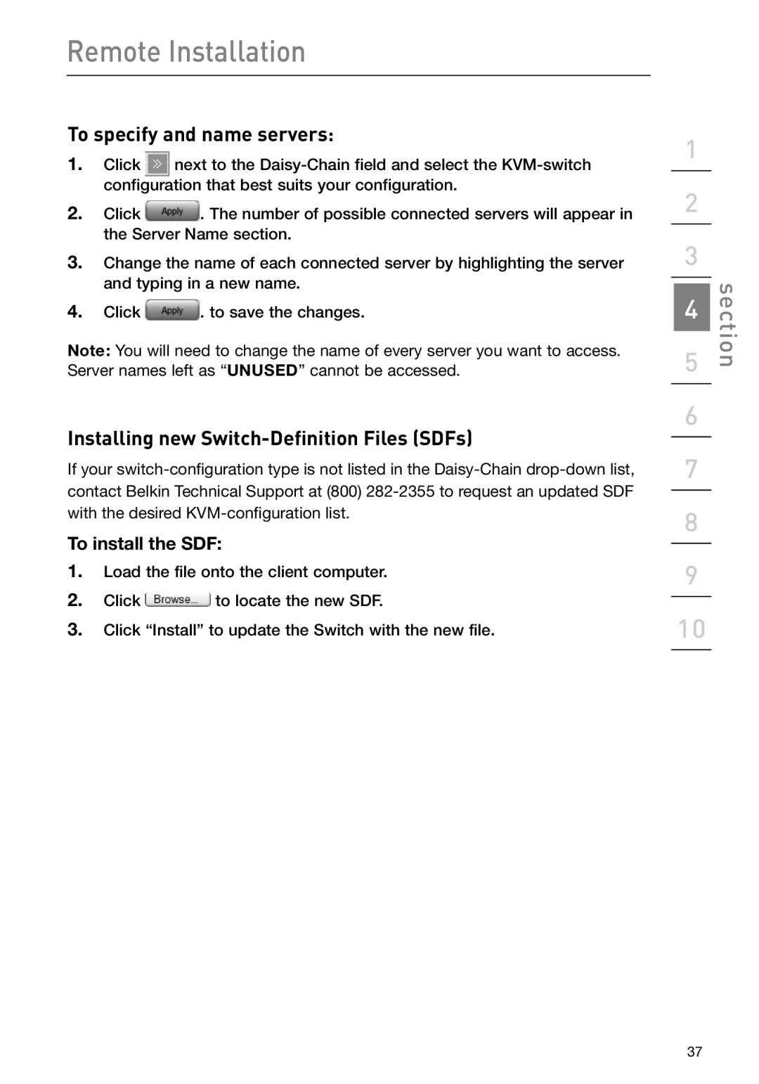 Belkin F1DP108Gea, F1DP116Gea To specify and name servers, Installing new Switch-Definition Files SDFs, To install the SDF 