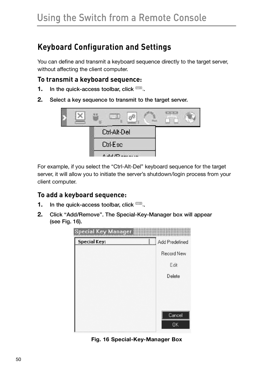 Belkin F1DP116Gea Keyboard Configuration and Settings, To transmit a keyboard sequence, To add a keyboard sequence 