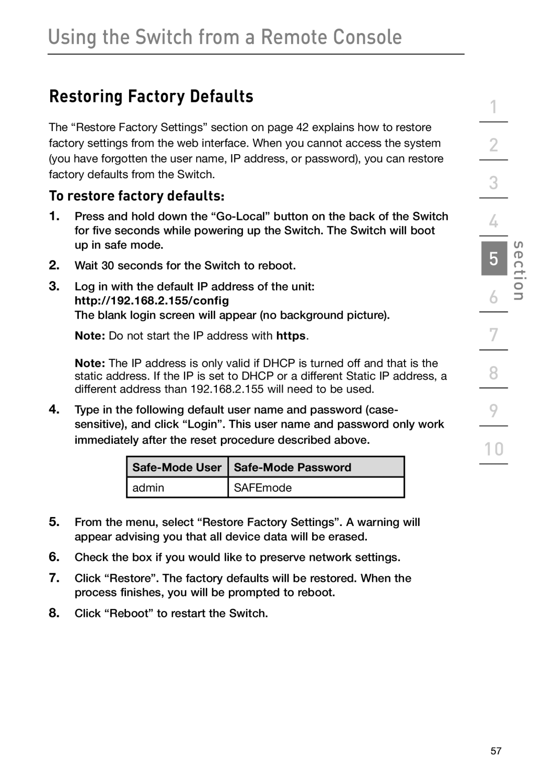 Belkin F1DP108Gea, F1DP116Gea user manual Restoring Factory Defaults, To restore factory defaults 