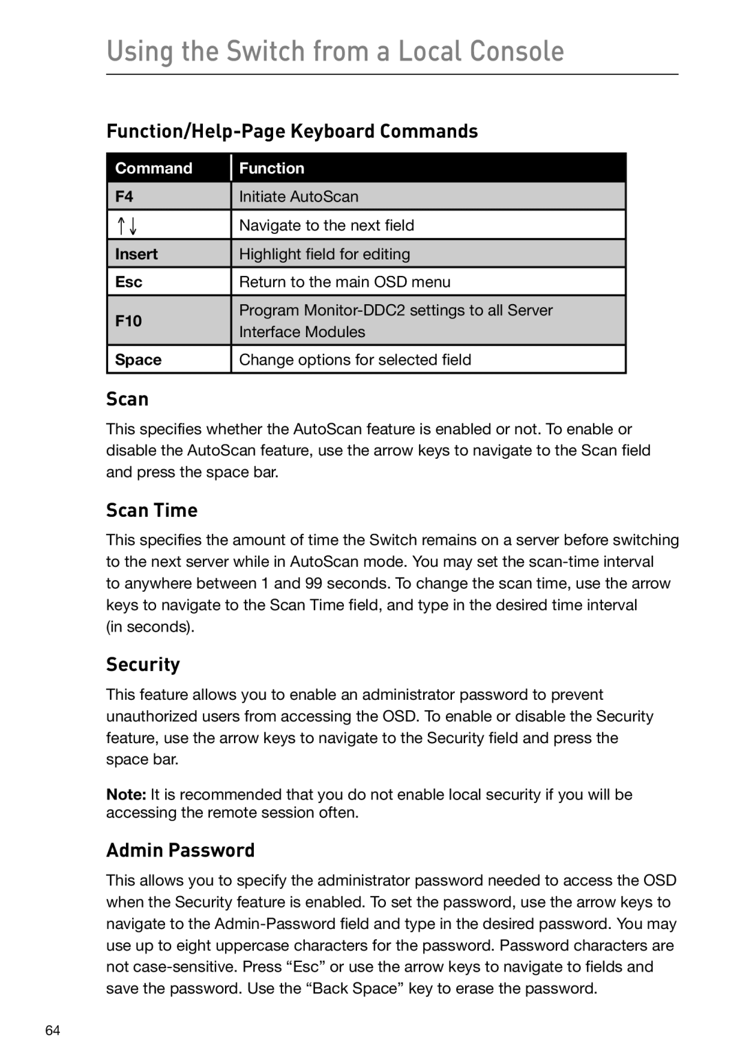 Belkin F1DP116Gea, F1DP108Gea user manual Function/Help-Page Keyboard Commands, Scan Time, Security, Admin Password 