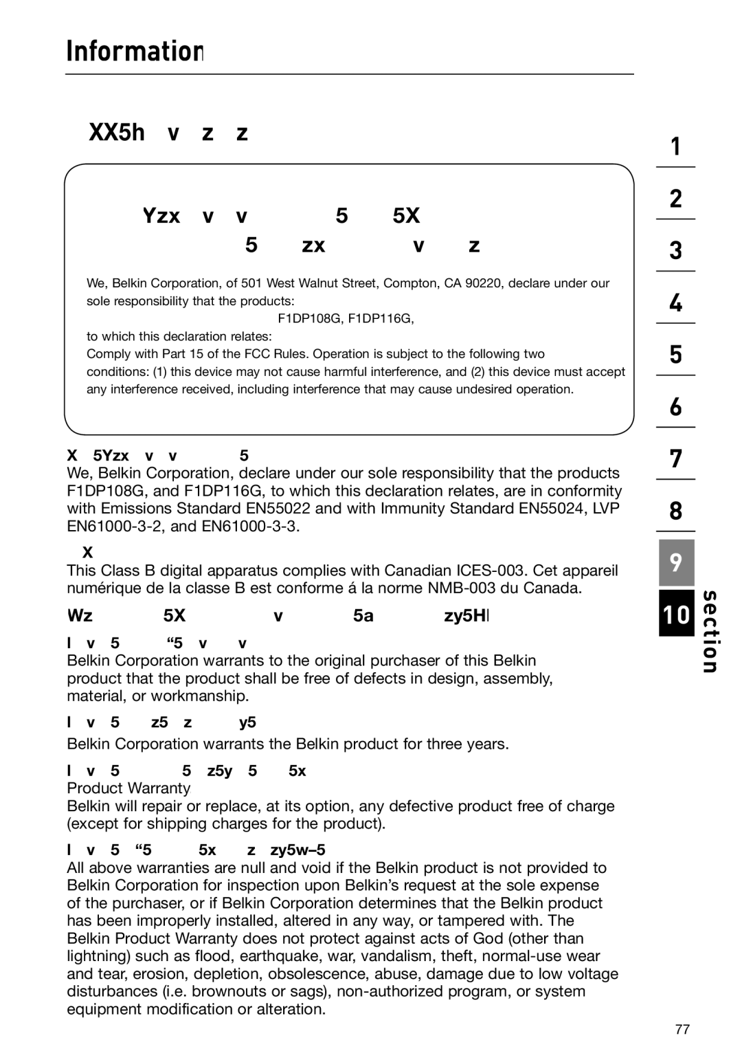 Belkin F1DP108Gea, F1DP116Gea user manual Information, FCC Statement, Belkin Corporation Limited 3-Year Product Warranty 