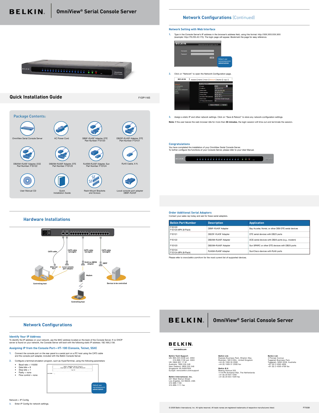 Belkin F1DP116S user manual OmniView Serial Console Server, Quick Installation Guide, Package Contents 