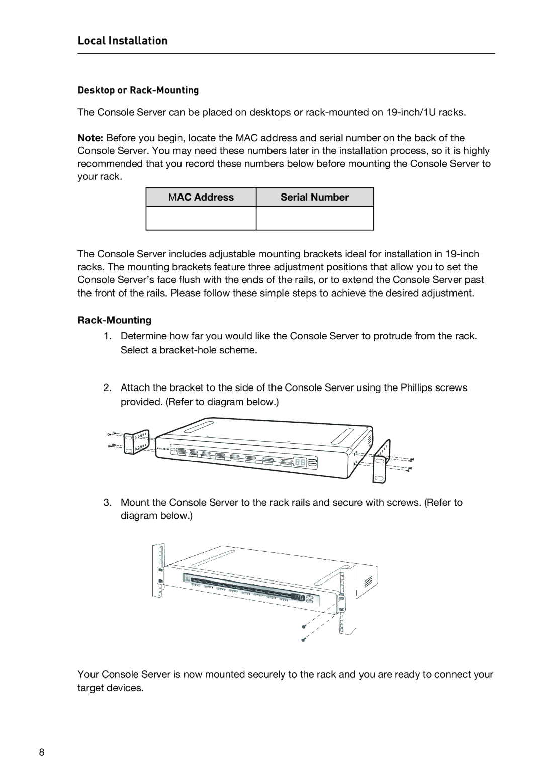 Belkin F1DP116SEA user manual Desktop or Rack-Mounting, MAC Address Serial Number 