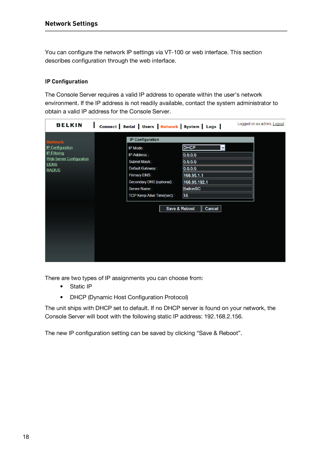 Belkin F1DP116SEA user manual Network Settings, IP Configuration 