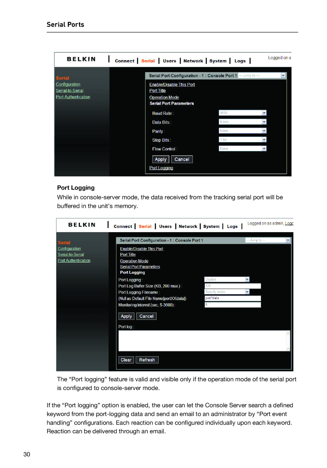 Belkin F1DP116SEA user manual Port Logging 