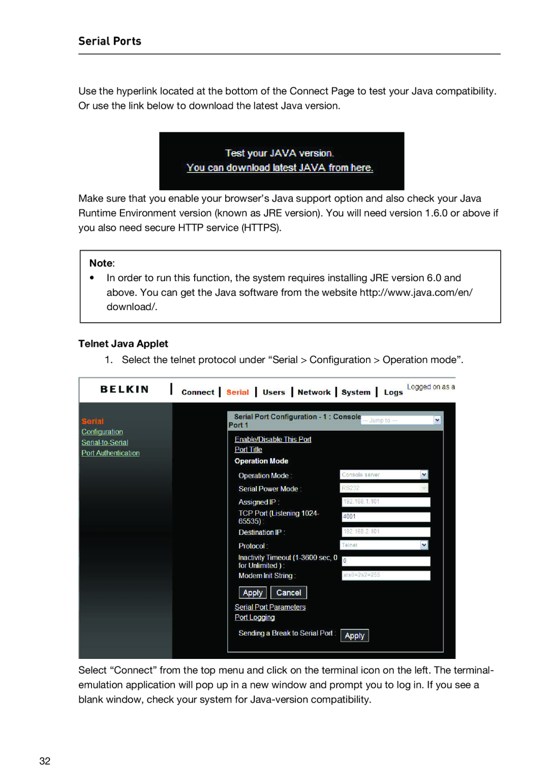 Belkin F1DP116SEA user manual Telnet Java Applet 