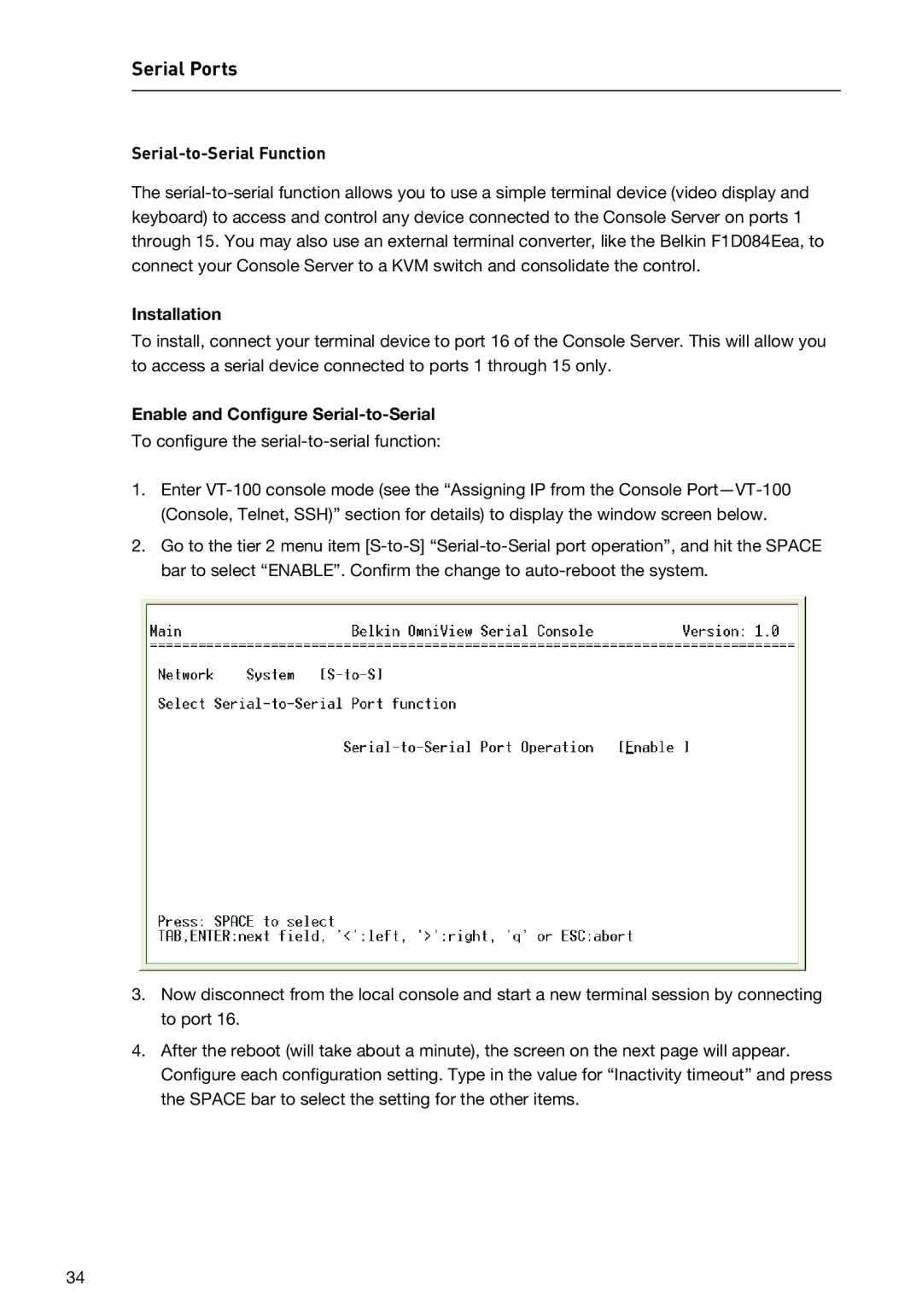 Belkin F1DP116SEA user manual Serial-to-Serial Function, Installation, Enable and Configure Serial-to-Serial 